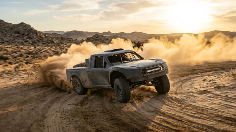 FPV drone with a cinema camera chasing an off-road truck through a desert dust cloud