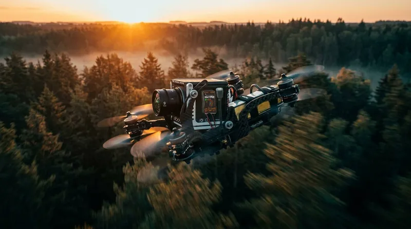 Cinematic FPV drone with a RED cinema camera and ENTIRE R3 flying over a misty forest at sunrise