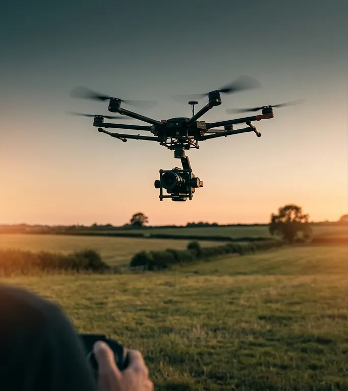 Pilot flying a heavy-lift hexacopter with a gimbal-mounted cinema camera at sunset