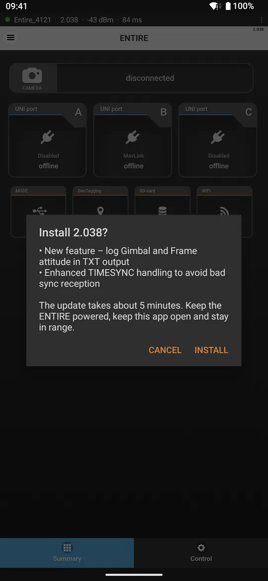 ENTIRE Link install confirmation for firmware 2.038 with its release notes and a warning that the update takes about 5 minutes