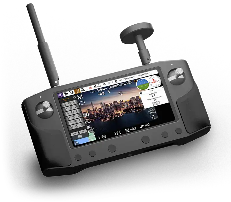 HereLink handheld ground control unit running the MavCam camera control overlay on screen