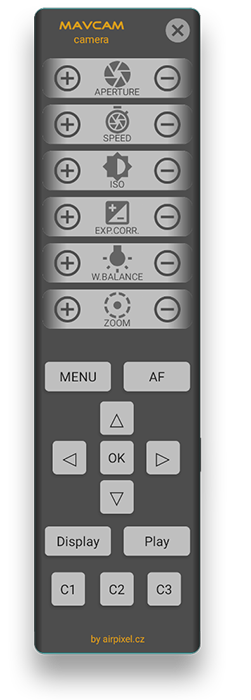 The MavCam control panel: aperture, speed, ISO, exposure correction, white balance and zoom, each with a plus and a minus button, above menu, autofocus, a direction pad and the C1 to C3 keys