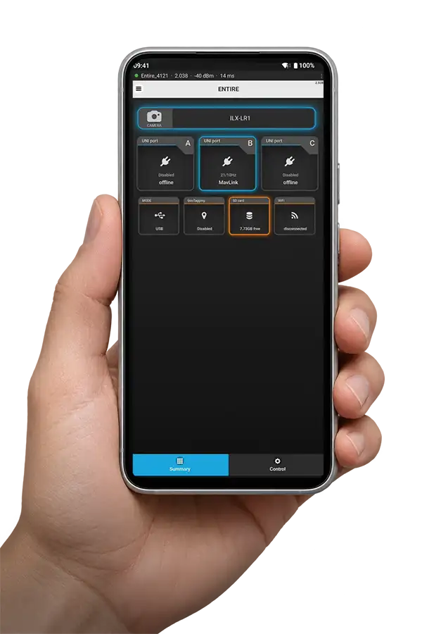 A hand holding an Android phone with ENTIRE Link connected, showing the ENTIRE summary with the camera and MavLink online