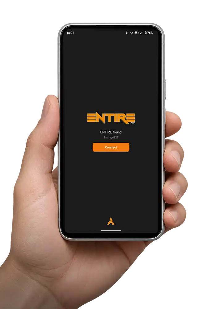 A hand holding an Android phone with ENTIRE Link open, showing ENTIRE found and the network Entire_4121