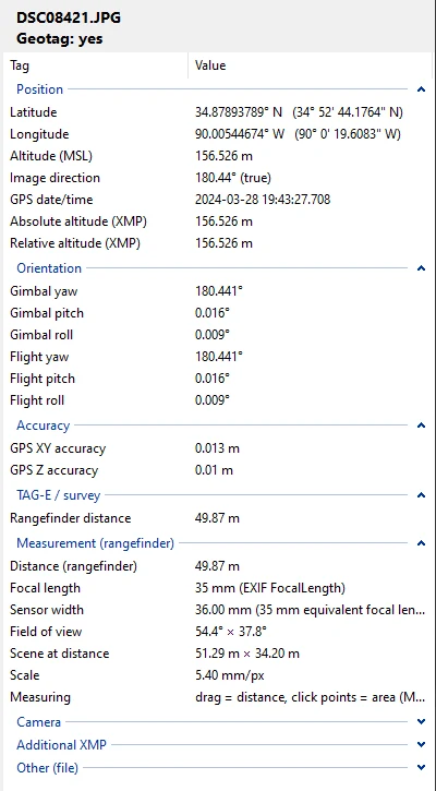 AirPixel Viewer tag panel: Position, Orientation, Accuracy, TAG-E survey and Measurement sections with values
